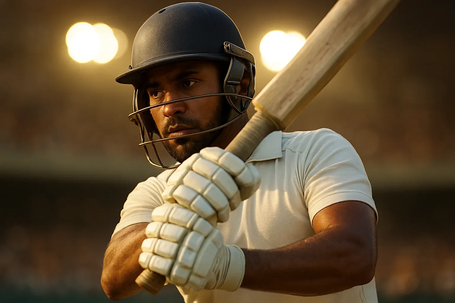 Bangladeshi cricket batsman in white kit mid-swing under stadium lights