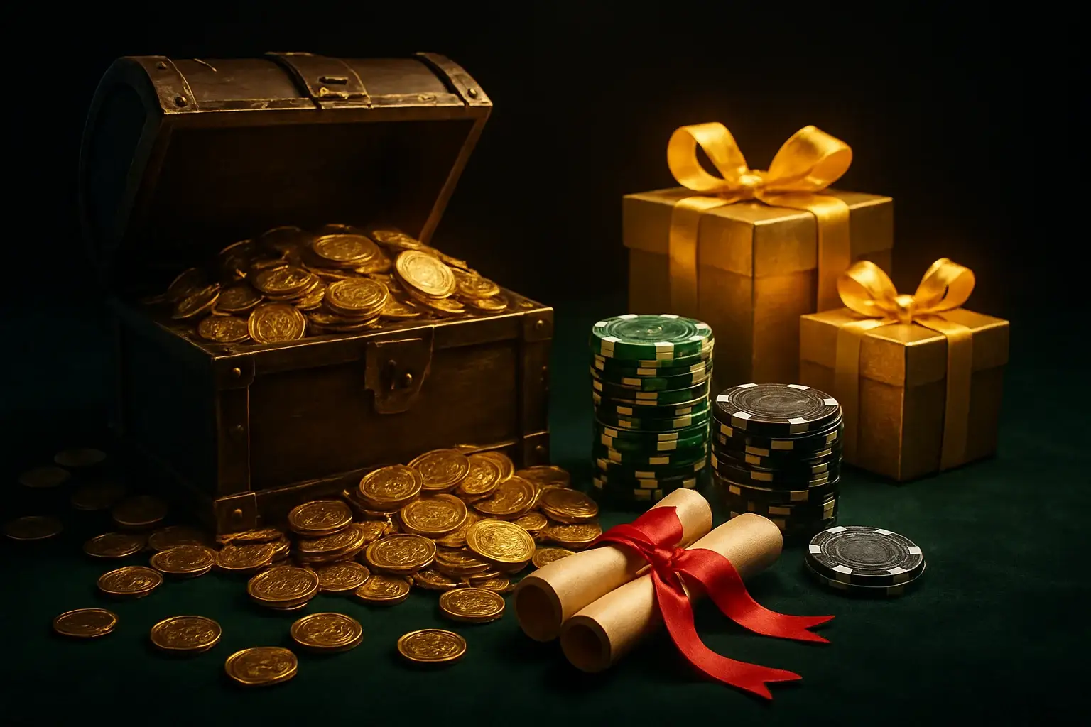 Overflowing treasure chest with gold coins, casino chips, vouchers, and gift boxes