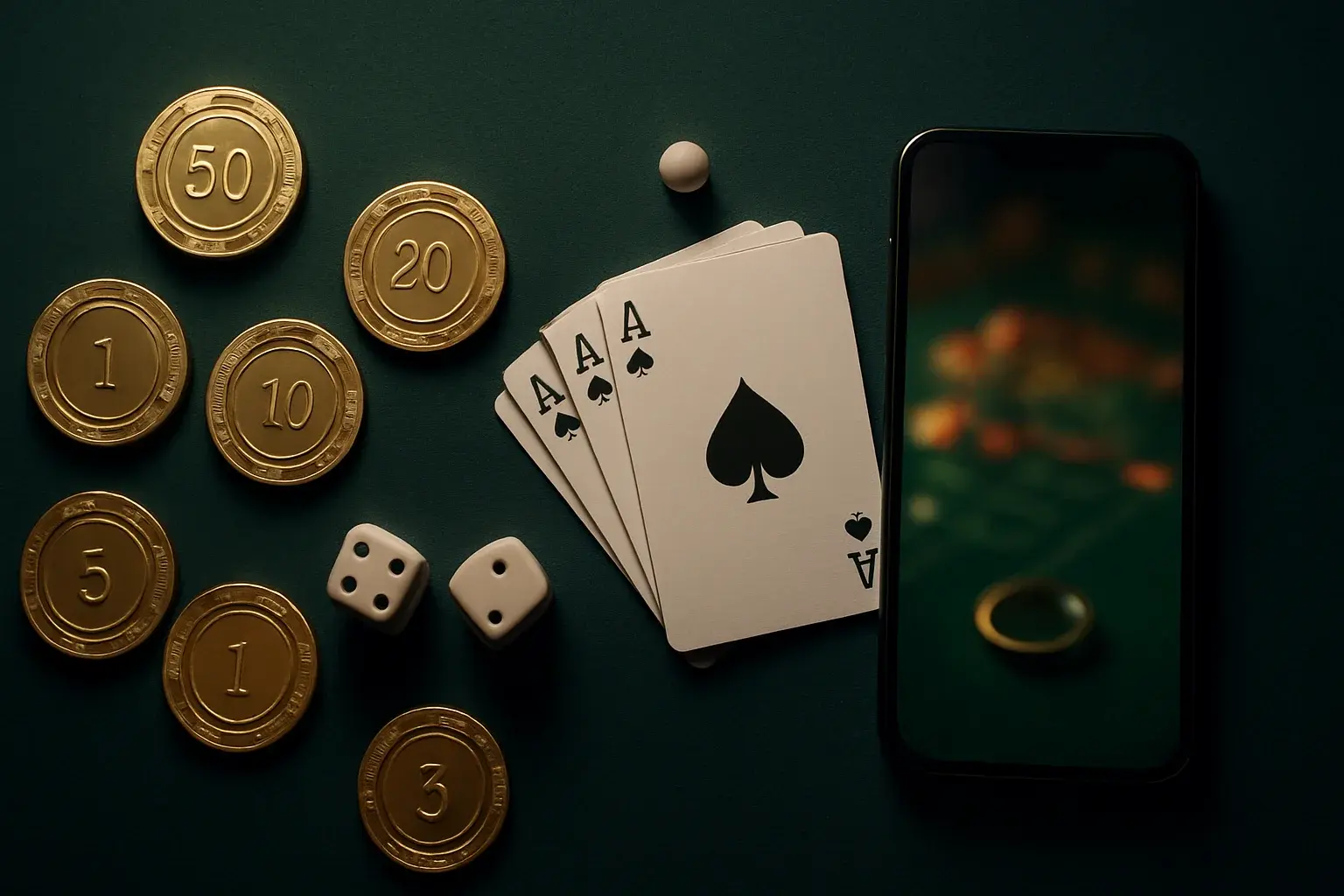 Top-down casino scene with gold chips, cards, dice, roulette ball, smartphone