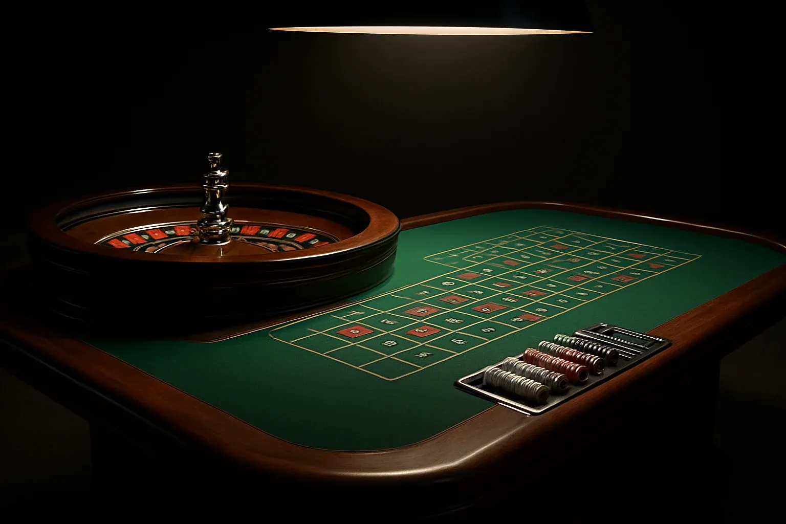 Hyperrealistic live casino studio with empty roulette table and dramatic lighting