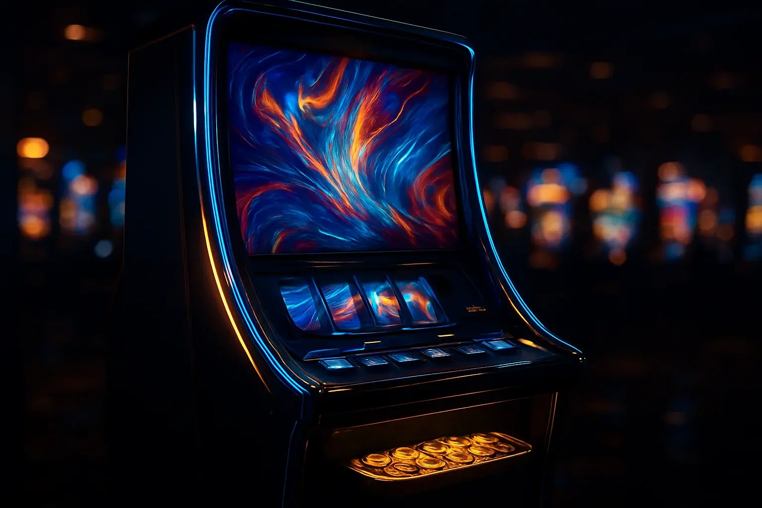 Hyperrealistic premium slot machine glowing in dark luxury casino floor